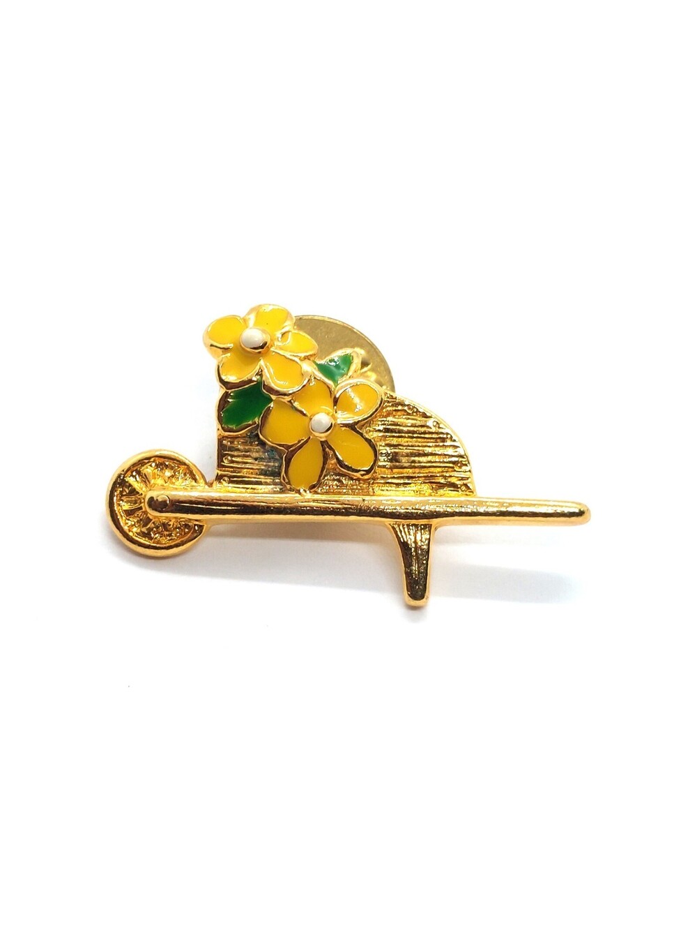 Yellow Floral Wheelbarrow Pin Enamel Gold Tone Spring Garden Flower Lapel Brooch
